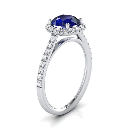 14K White Gold Round Brilliant Sapphire Petite Halo French Diamond Pave Engagement Ring -3/8ctw