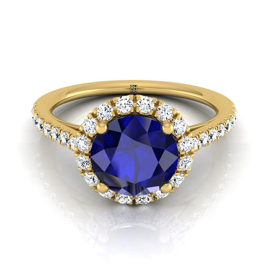 18K Yellow Gold Round Brilliant Sapphire Petite Halo French Diamond Pave Engagement Ring -3/8ctw