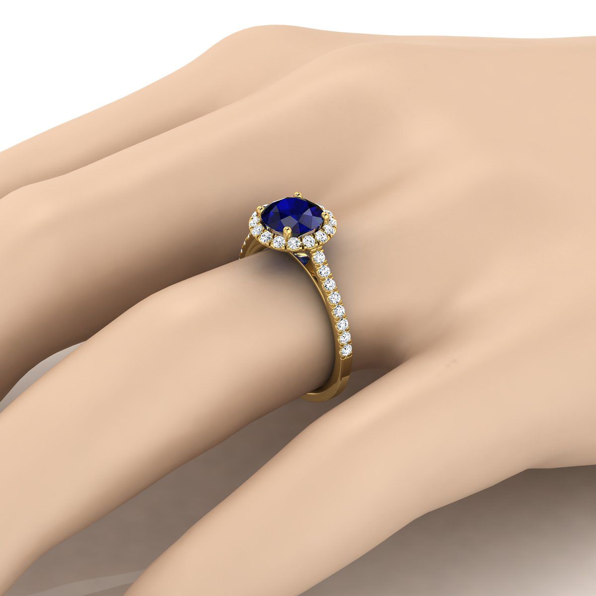 18K Yellow Gold Round Brilliant Sapphire Petite Halo French Diamond Pave Engagement Ring -3/8ctw