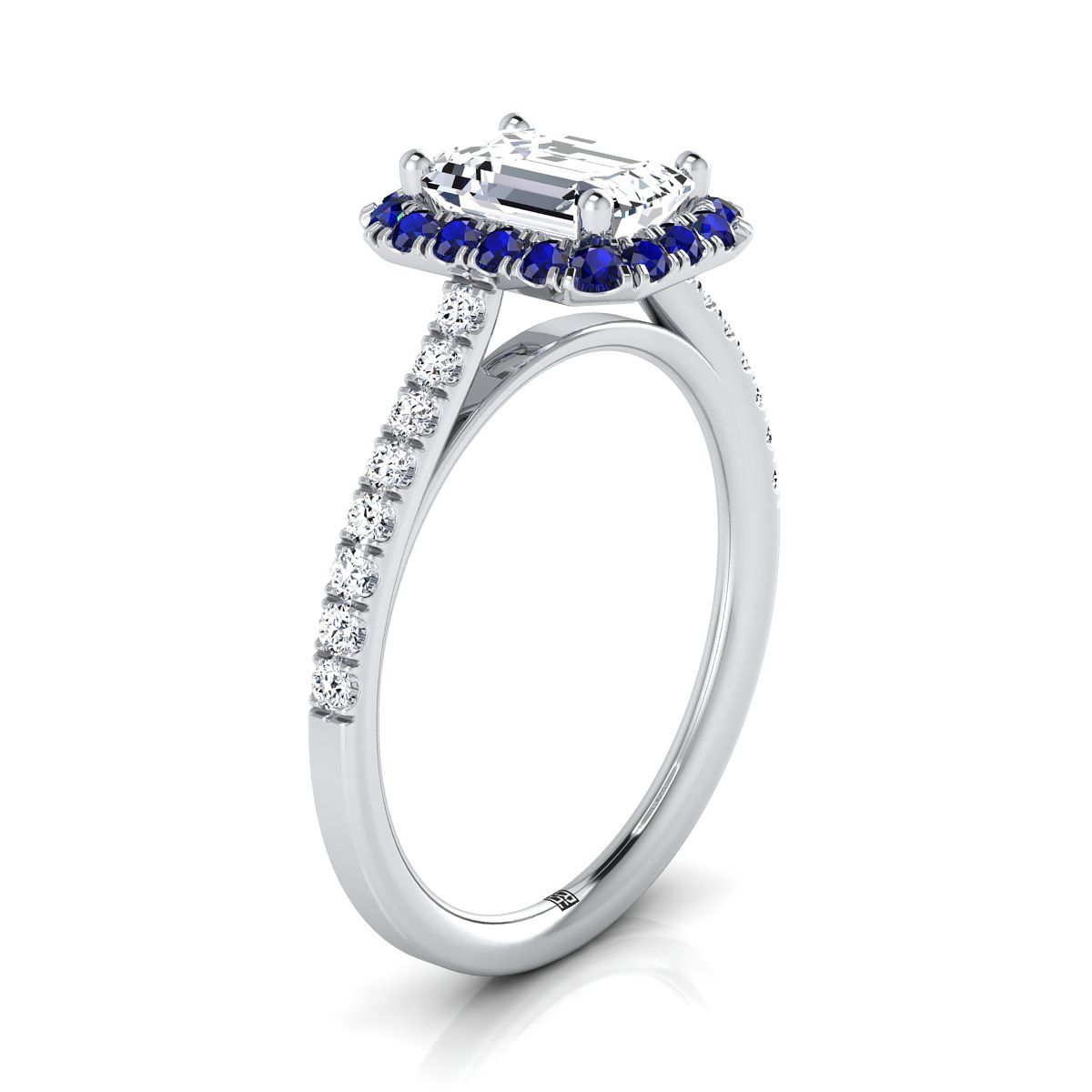 Platinum Emerald Cut  Petite Halo French Diamond Pave Engagement Ring -1/5ctw