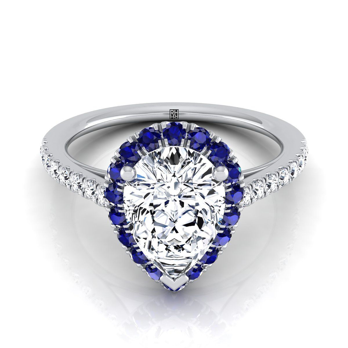 Platinum Pear Shape Center  Petite Halo French Diamond Pave Engagement Ring -1/5ctw