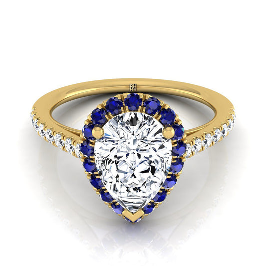 18K Yellow Gold Pear Shape Center  Petite Halo French Diamond Pave Engagement Ring -1/5ctw
