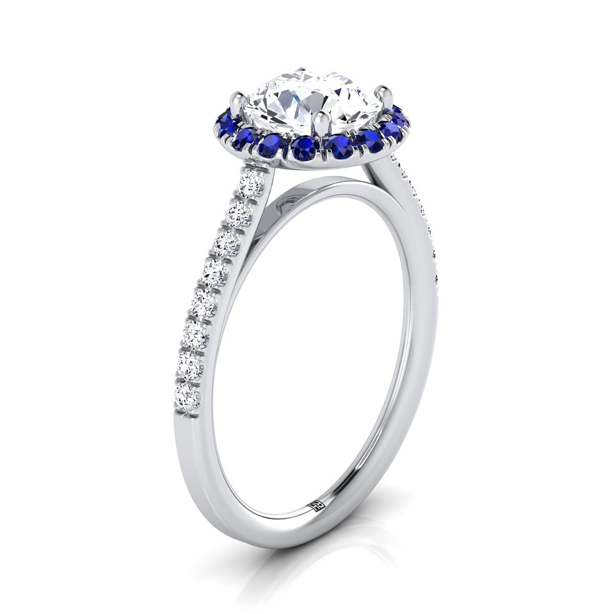 18K White Gold Round Brilliant  Petite Halo French Diamond Pave Engagement Ring -1/5ctw