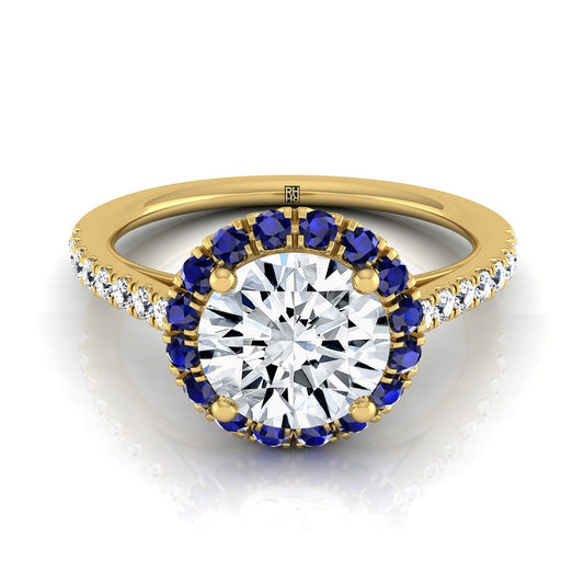 18K Yellow Gold Round Brilliant Sapphire Petite Halo French Diamond Pave Engagement Ring -1/5ctw