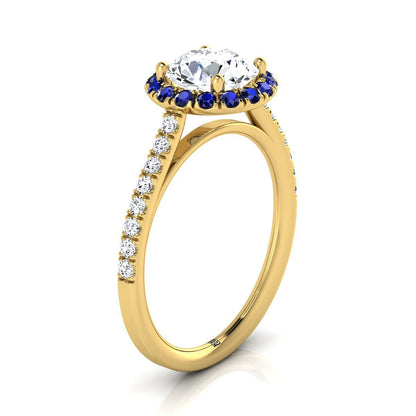 18K Yellow Gold Round Brilliant Sapphire Petite Halo French Diamond Pave Engagement Ring -1/5ctw