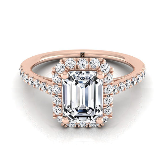 14K Rose Gold Emerald Cut Diamond Petite Halo French Pave Engagement Ring -3/8ctw