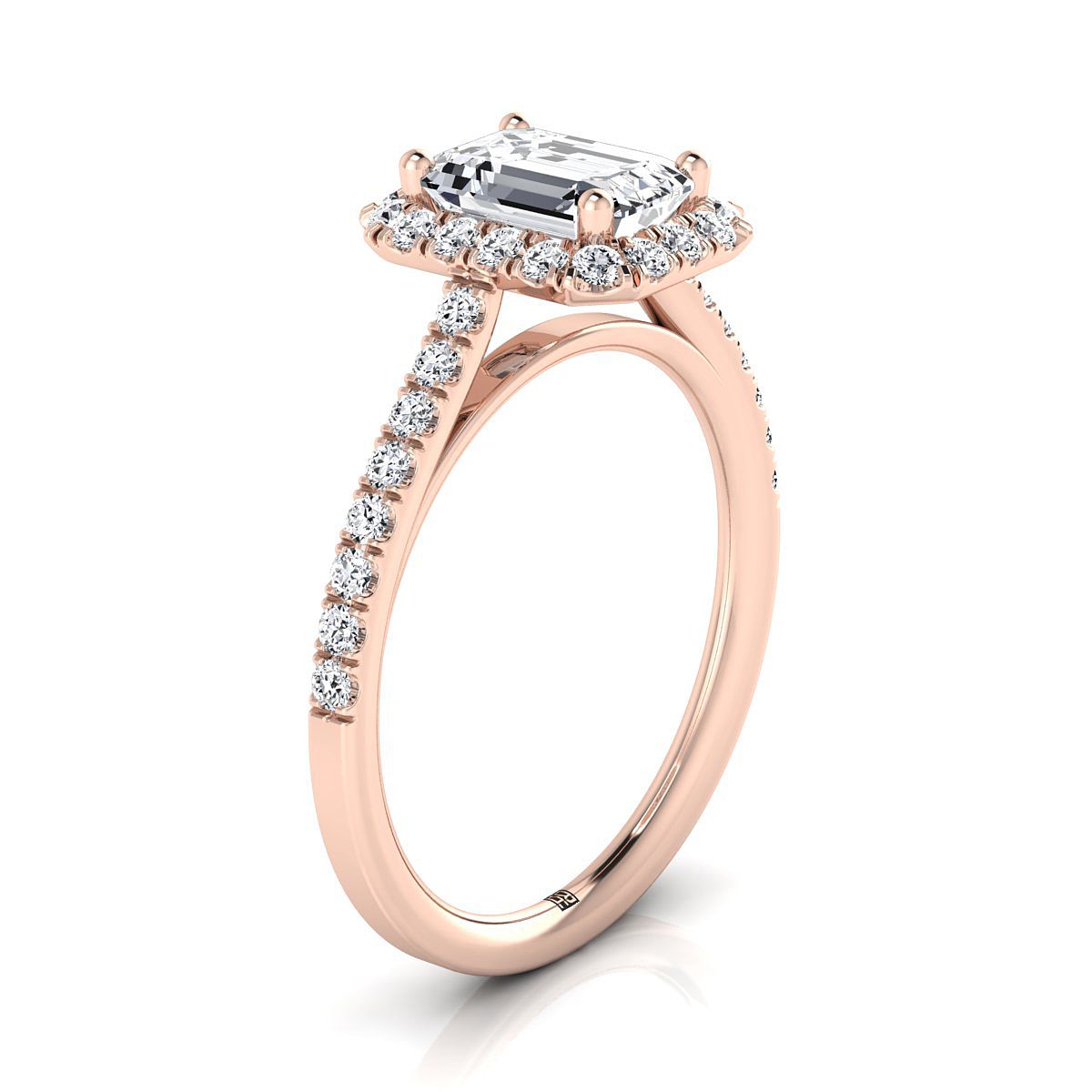 14K Rose Gold Emerald Cut Diamond Petite Halo French Pave Engagement Ring -3/8ctw