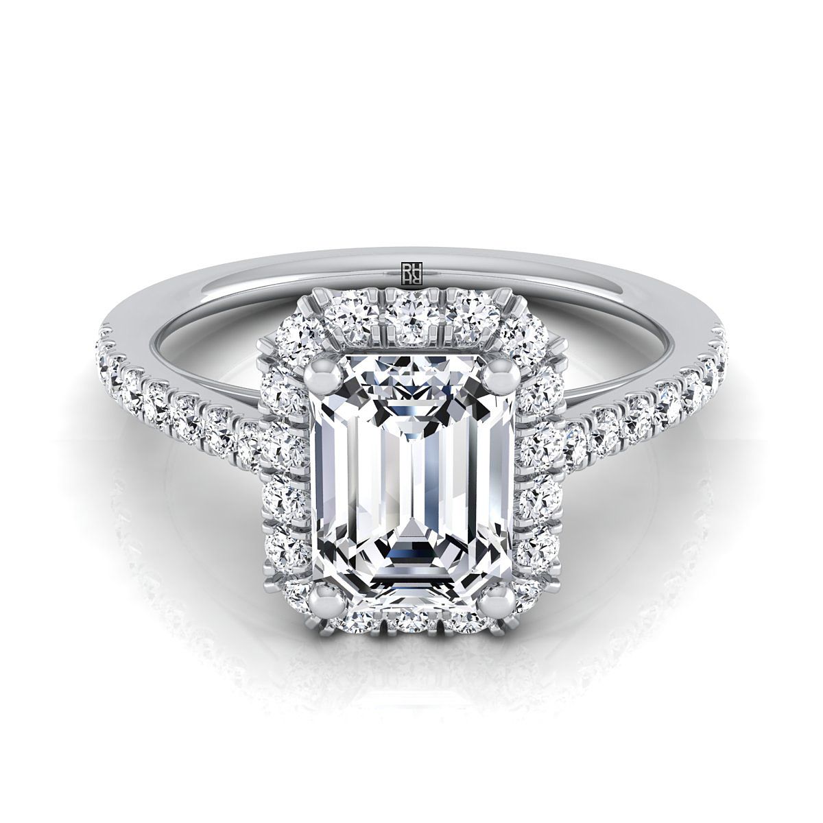 Platinum Emerald Cut Diamond Petite Halo French Pave Engagement Ring -3/8ctw