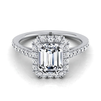 Platinum Emerald Cut Diamond Petite Halo French Pave Engagement Ring -3/8ctw