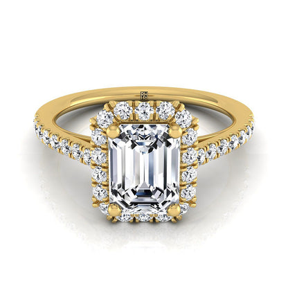 14K Yellow Gold Emerald Cut Diamond Petite Halo French Pave Engagement Ring -3/8ctw