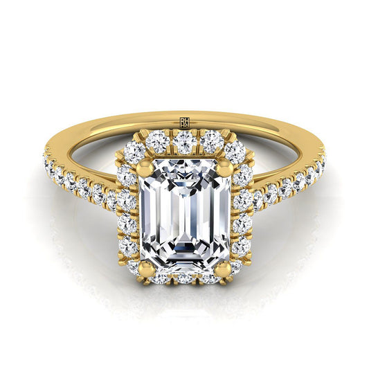 18K Yellow Gold Emerald Cut Diamond Petite Halo French Pave Engagement Ring -3/8ctw