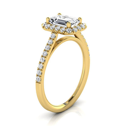14K Yellow Gold Emerald Cut Diamond Petite Halo French Pave Engagement Ring -3/8ctw