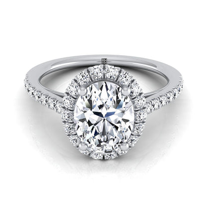 14K White Gold Oval Diamond Petite Halo French Pave Engagement Ring -3/8ctw