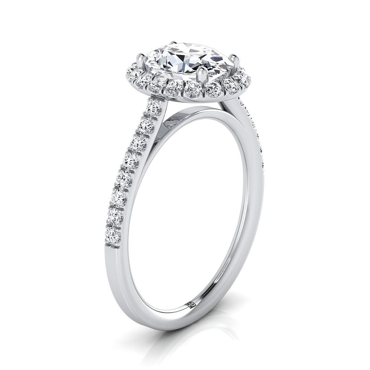 18K White Gold Oval Diamond Petite Halo French Pave Engagement Ring -3/8ctw