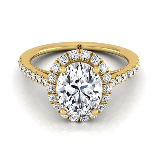 18K Yellow Gold Oval Diamond Petite Halo French Pave Engagement Ring -3/8ctw