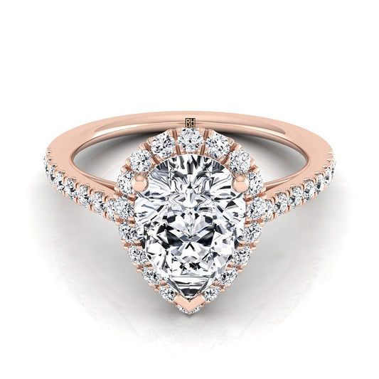 14K Rose Gold Pear Shape Center Diamond Petite Halo French Pave Engagement Ring -3/8ctw