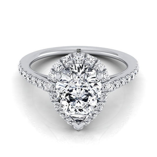 14K White Gold Pear Shape Center Diamond Petite Halo French Pave Engagement Ring -3/8ctw