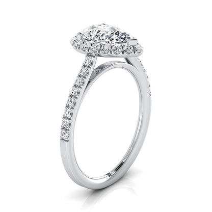 18K White Gold Pear Shape Center Diamond Petite Halo French Pave Engagement Ring -3/8ctw