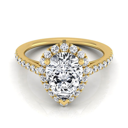 14K Yellow Gold Pear Shape Center Diamond Petite Halo French Pave Engagement Ring -3/8ctw
