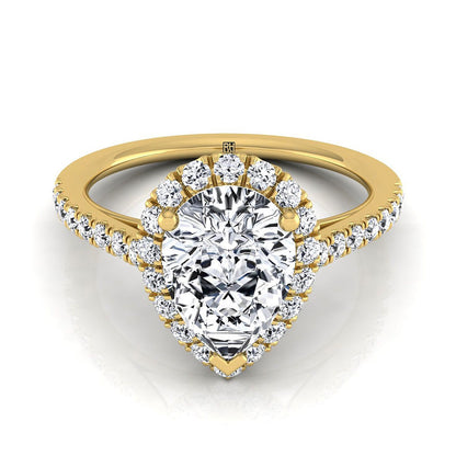 18K Yellow Gold Pear Shape Center Diamond Petite Halo French Pave Engagement Ring -3/8ctw