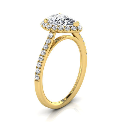 18K Yellow Gold Pear Shape Center Diamond Petite Halo French Pave Engagement Ring -3/8ctw