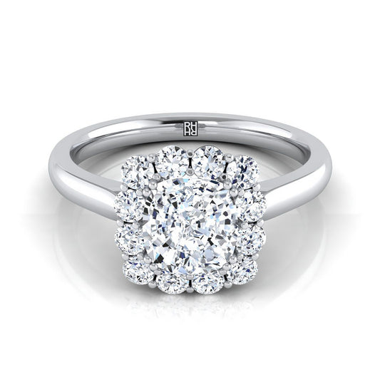14K White Gold Cushion Diamond Floral Halo Engagement Ring -1/3ctw