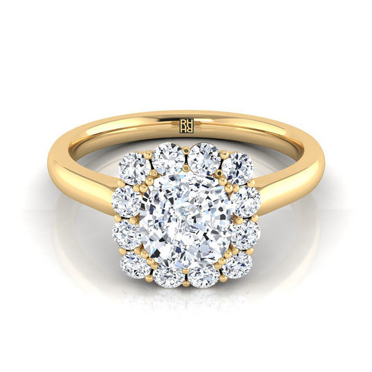 18K Yellow Gold Cushion Diamond Floral Halo Engagement Ring -1/3ctw