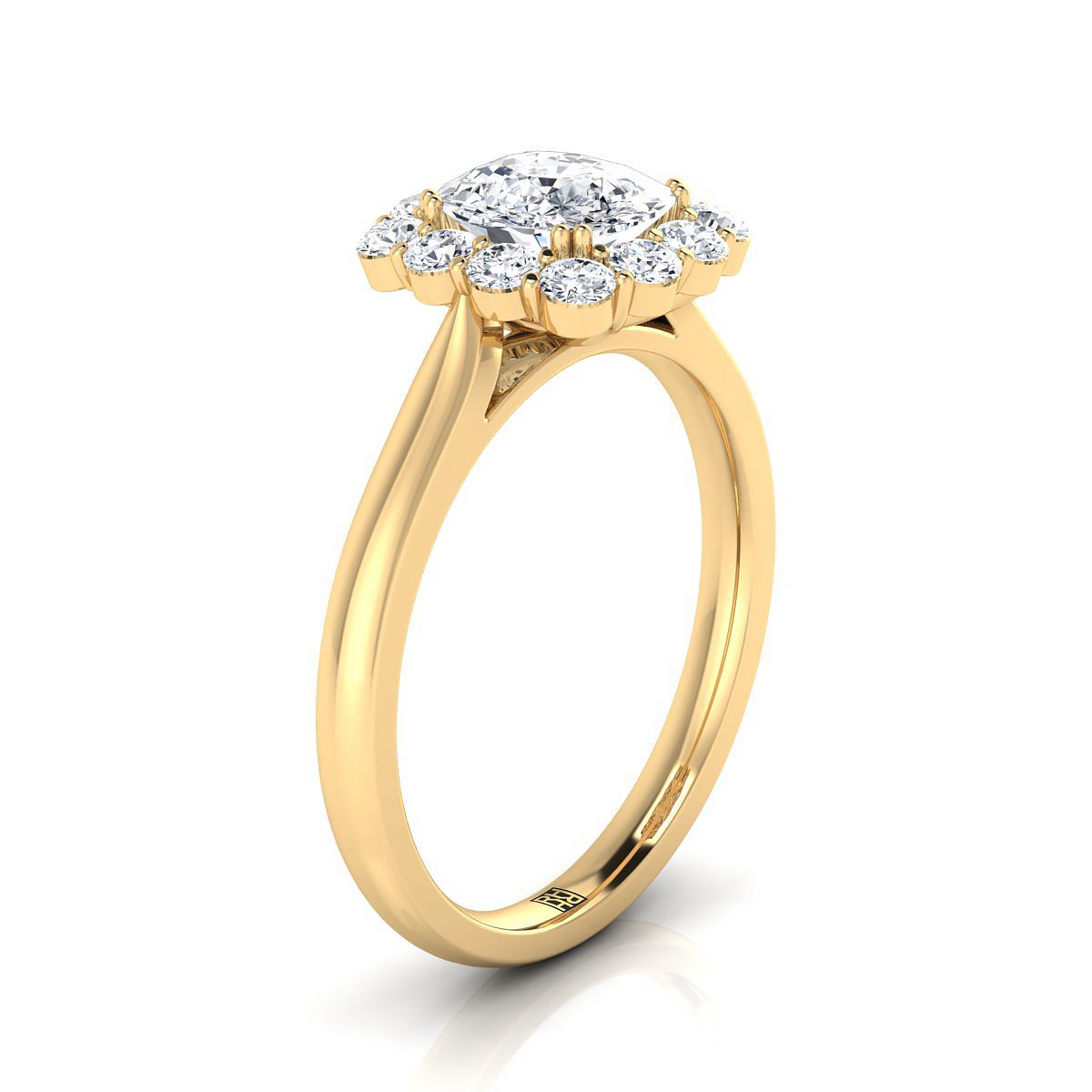 14K Yellow Gold Cushion Diamond Floral Halo Engagement Ring -1/3ctw