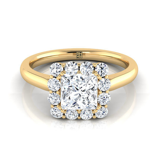 14K Yellow Gold Princess Cut Diamond Floral Halo Engagement Ring -1/3ctw
