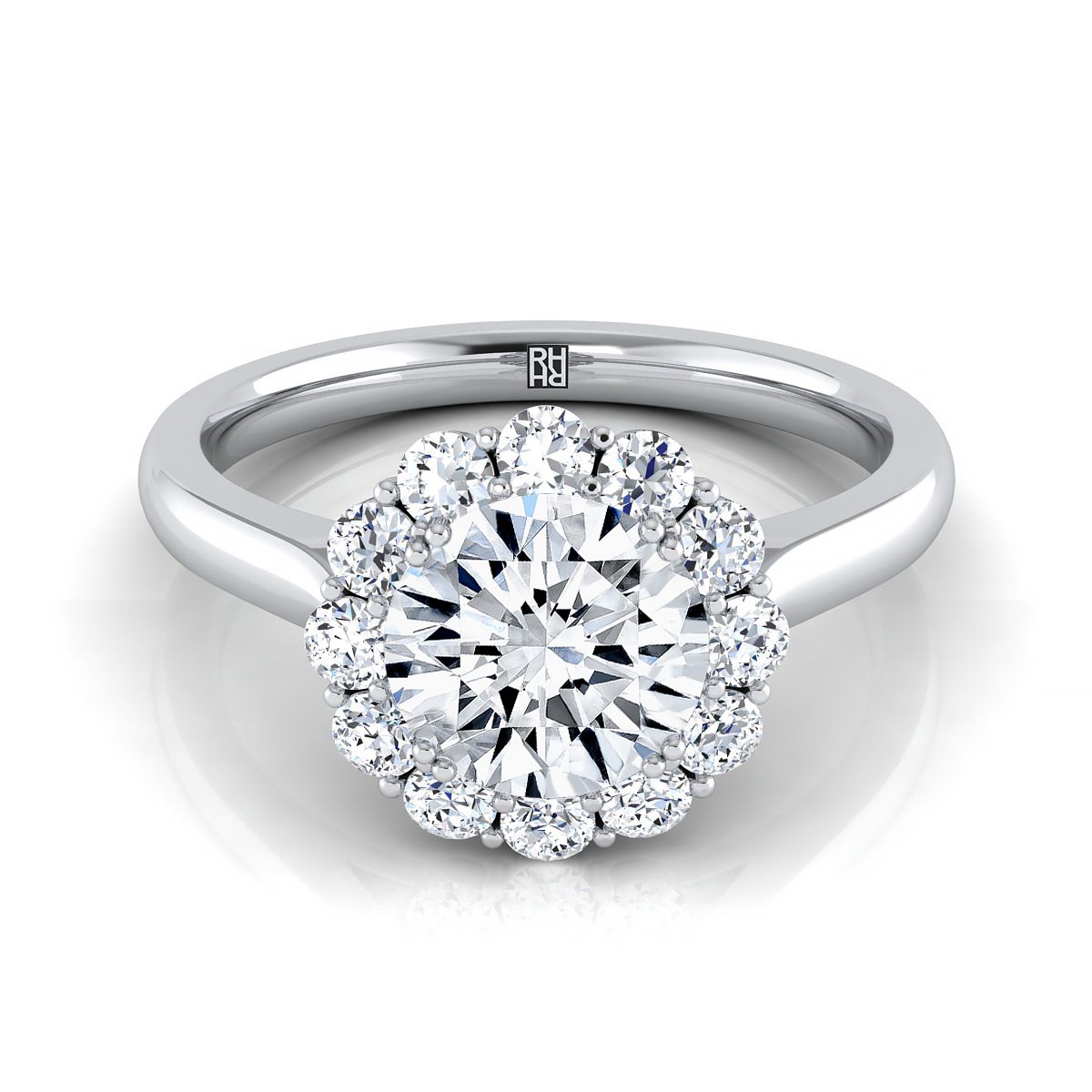 18K White Gold Round Brilliant Diamond Floral Halo Engagement Ring -1/3ctw