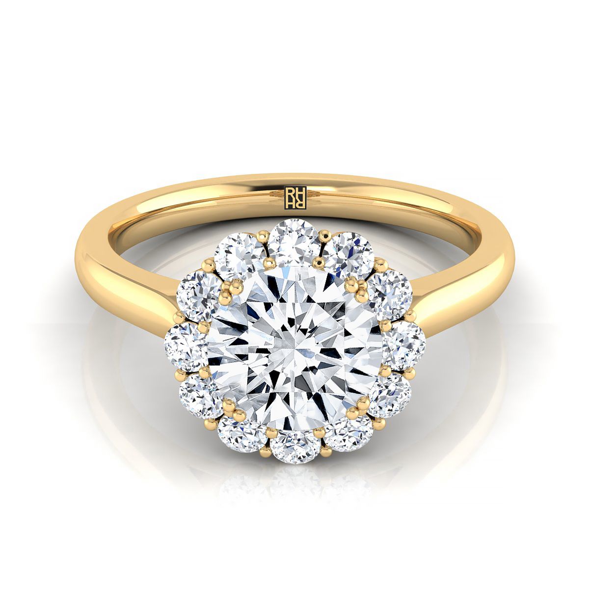 18K Yellow Gold Round Brilliant Diamond Floral Halo Engagement Ring -1/3ctw
