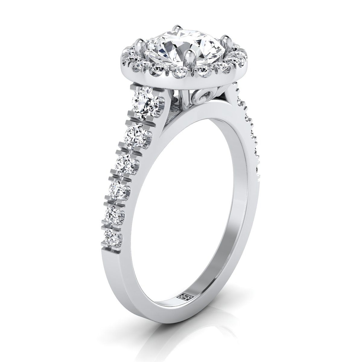 14K White Gold Round Brilliant Diamond Shared Prong Halo and Linear Side Set Diamond Engagement Ring -5/8ctw