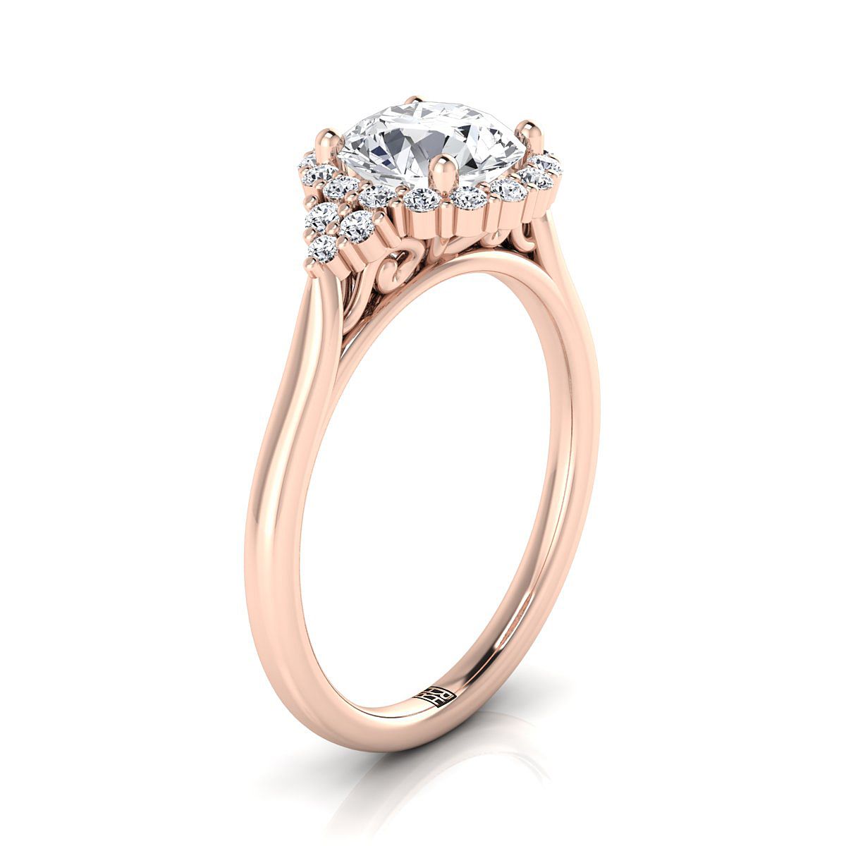 14K Rose Gold Round Brilliant Diamond Side Trio Scroll Accent Engagement Ring -1/4ctw