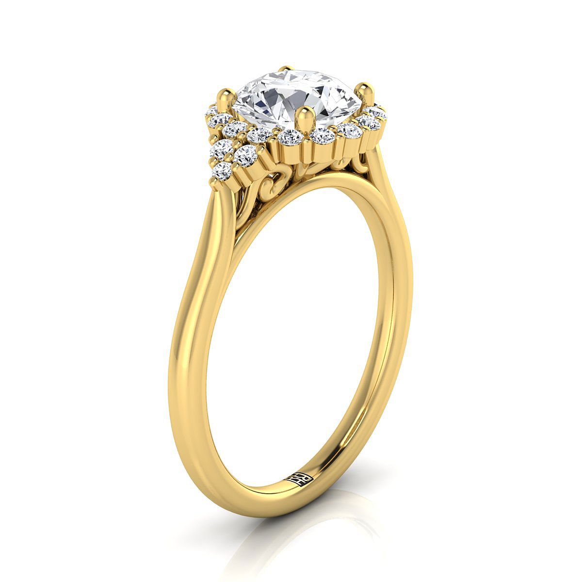 18K Yellow Gold Round Brilliant Diamond Side Trio Scroll Accent Engagement Ring -1/4ctw