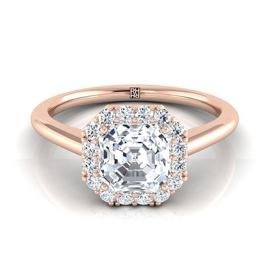 14K Rose Gold Asscher Cut Diamond Shared Prong Halo Engagement Ring -1/5ctw