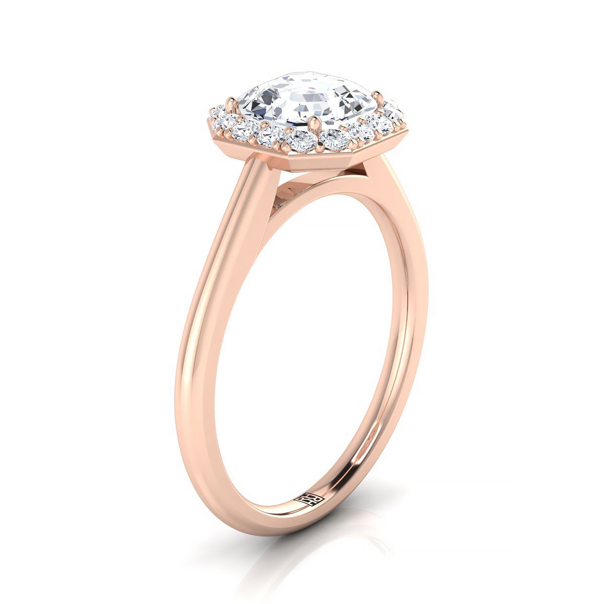 14K Rose Gold Asscher Cut Diamond Shared Prong Halo Engagement Ring -1/5ctw