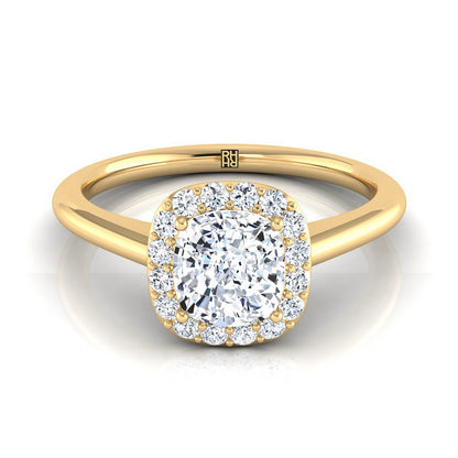 18K Yellow Gold Cushion Diamond Shared Prong Halo Engagement Ring -1/5ctw