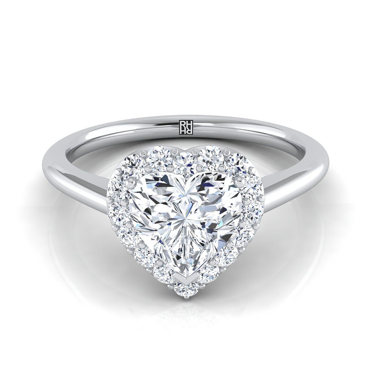 18K White Gold Heart Shape Center Diamond Shared Prong Halo Engagement Ring -1/5ctw