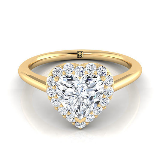 14K Yellow Gold Heart Shape Center Diamond Shared Prong Halo Engagement Ring -1/5ctw
