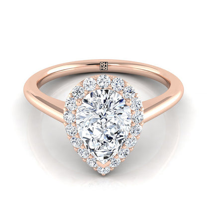 14K Rose Gold Pear Shape Center Diamond Shared Prong Halo Engagement Ring -1/4ctw