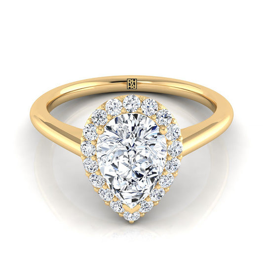 18K Yellow Gold Pear Shape Center Diamond Shared Prong Halo Engagement Ring -1/4ctw