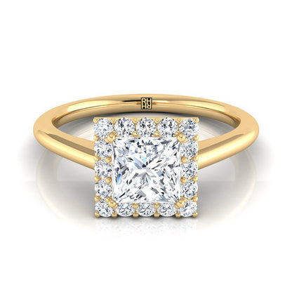 14K Yellow Gold Princess Cut Diamond Shared Prong Halo Engagement Ring -1/5ctw