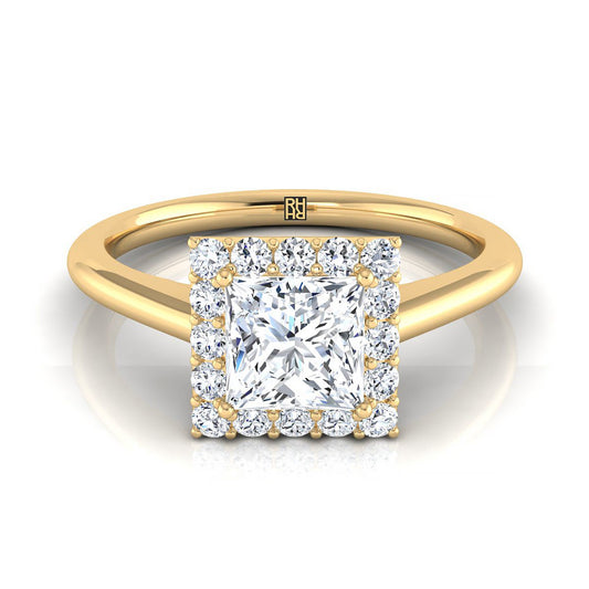 18K Yellow Gold Princess Cut Diamond Shared Prong Halo Engagement Ring -1/5ctw