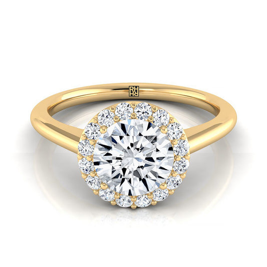 18K Yellow Gold Round Brilliant Diamond Shared Prong Halo Engagement Ring -1/5ctw