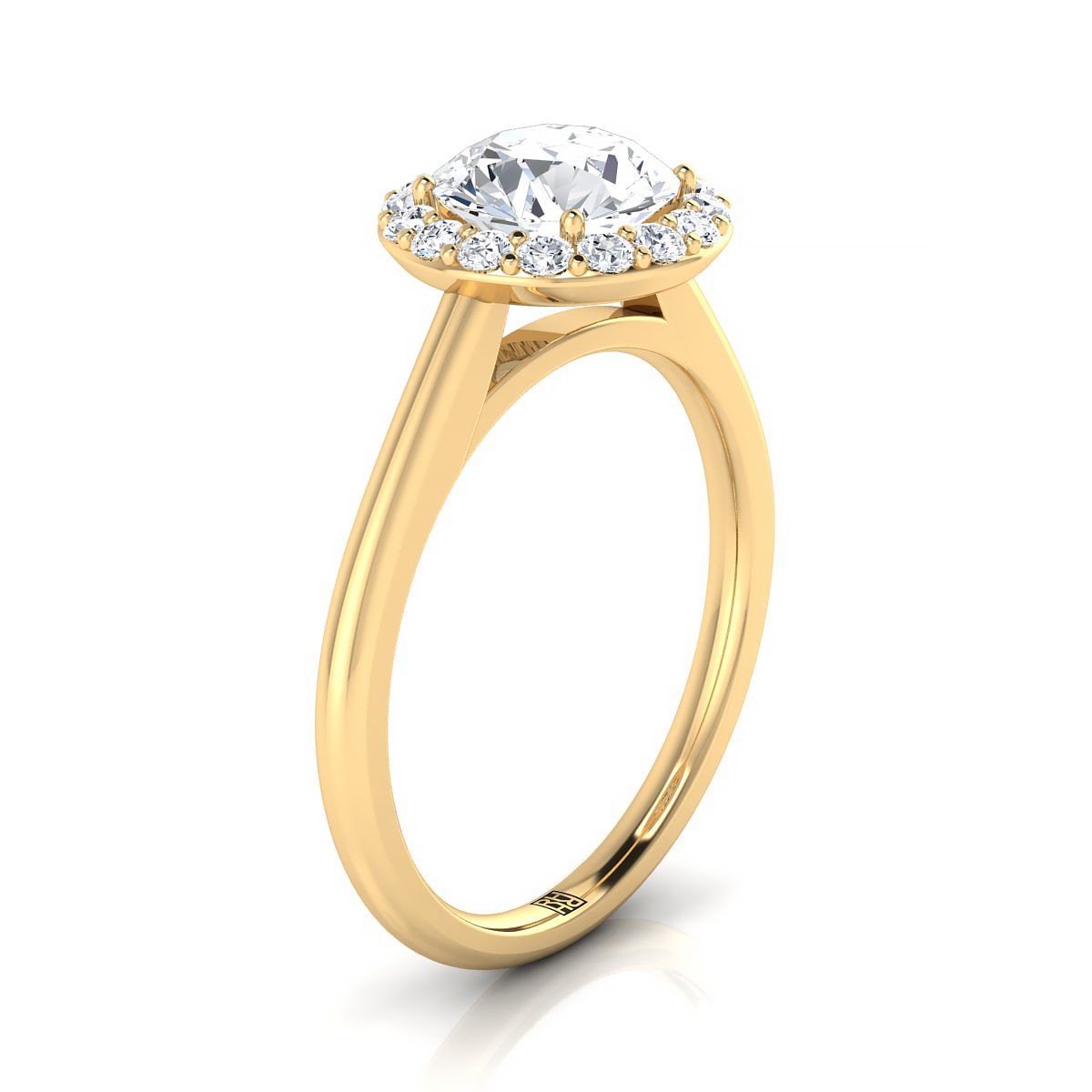 18K Yellow Gold Round Brilliant Diamond Shared Prong Halo Engagement Ring -1/5ctw
