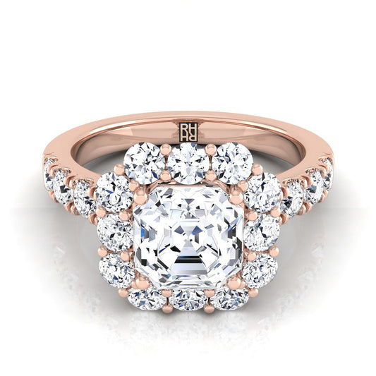 14K Rose Gold Asscher Cut Diamond Luxe Style French Pave Halo Engagement Ring -1-1/10ctw