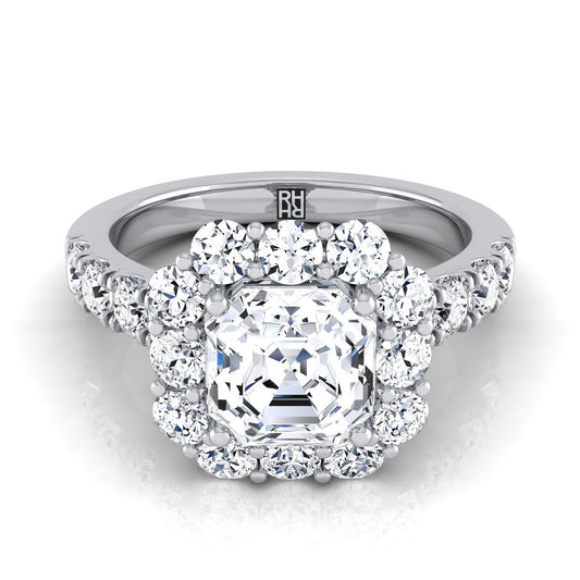 Platinum Asscher Cut Diamond Luxe Style French Pave Halo Engagement Ring -1-1/10ctw