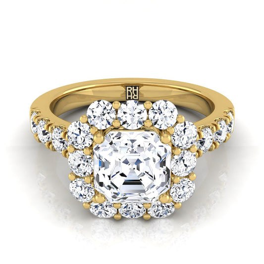 18K Yellow Gold Asscher Cut Diamond Luxe Style French Pave Halo Engagement Ring -1-1/10ctw