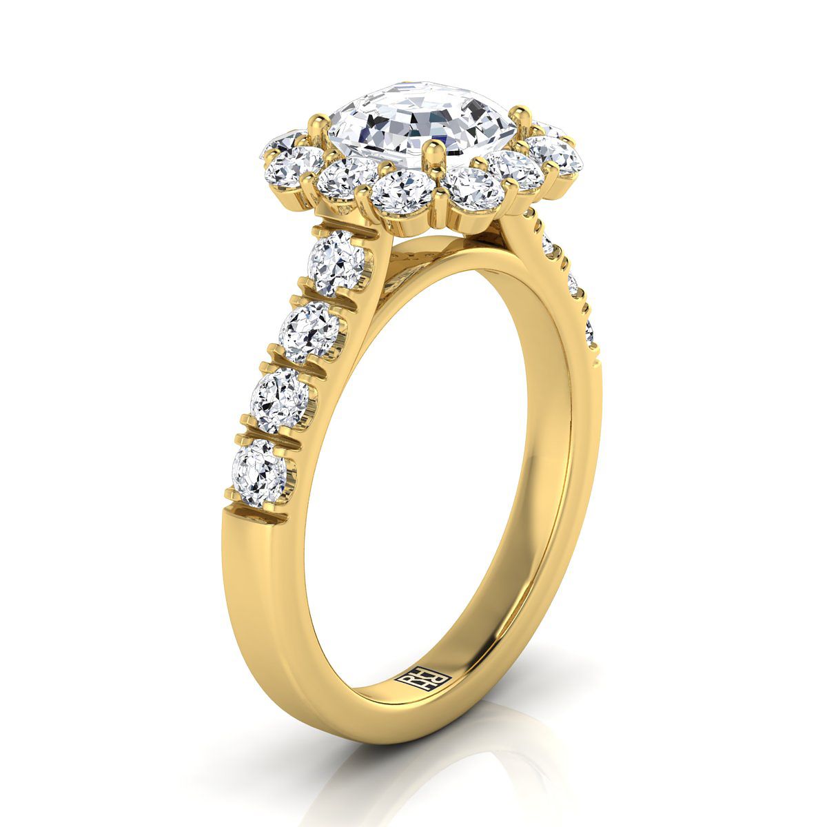 18K Yellow Gold Asscher Cut Diamond Luxe Style French Pave Halo Engagement Ring -1-1/10ctw