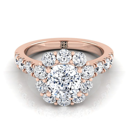 14K Rose Gold Cushion Diamond Luxe Style French Pave Halo Engagement Ring -1-1/10ctw